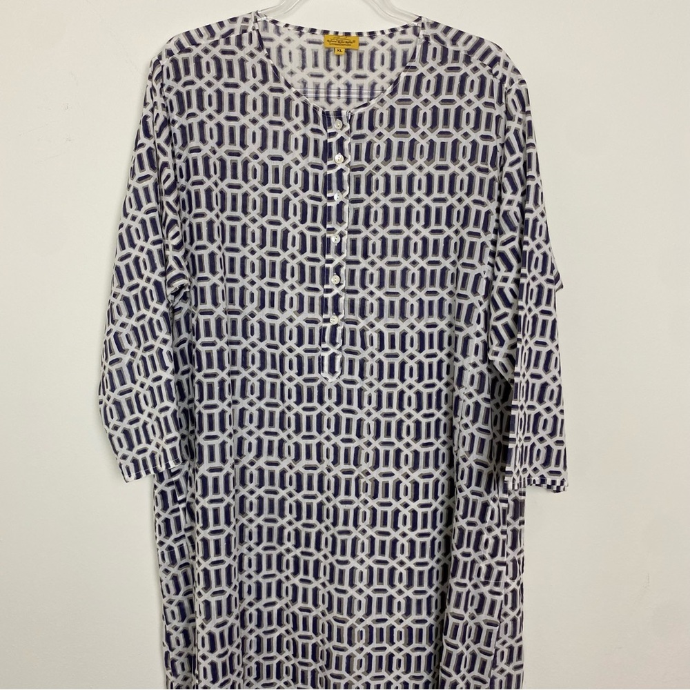 Roberta Roller Rabbit Gray and White Cotton Cover Up Kaftan Maxi Dress XL - Picture 4 of 13
